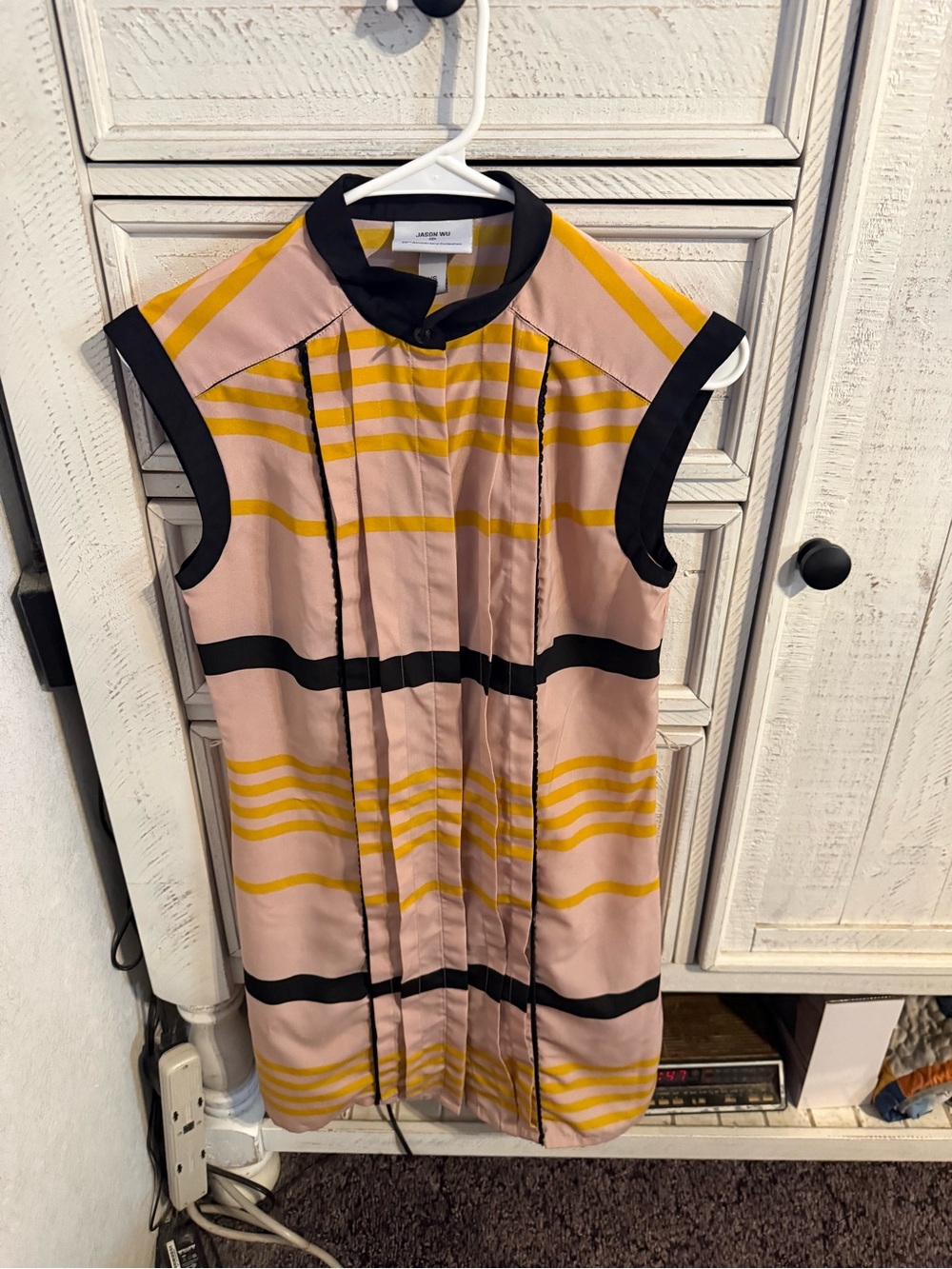 Jason Wu Pink Shift Dress with Yellow Stripes and Black Trim